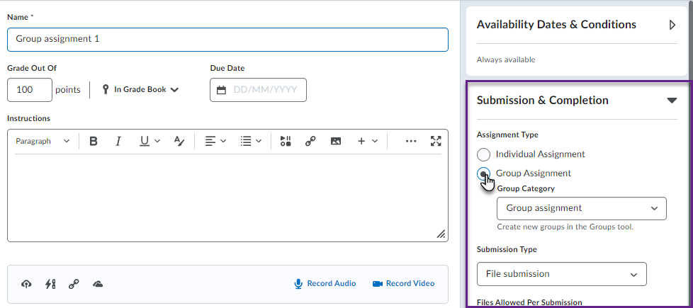 Assignment type settings